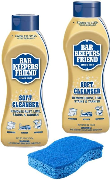 BAR KEEPER’S FRIEND Soft Cleanser (2-Pack, 26 oz Each) + Multi-Purpose Scrub Sponge – Hard Surface All-Purpose Cleaner by EliteWare